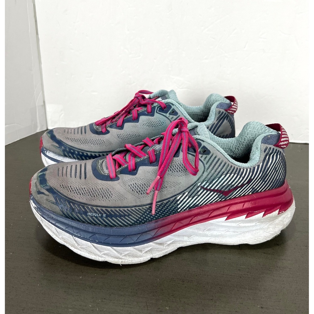 Hoka Bondi 5 Women Running Shoes Gray Pink Teal Size 8 Sneakers